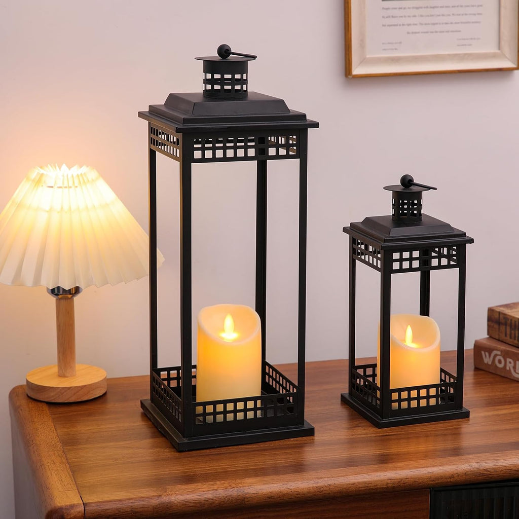Decorative Candle Lanterns Set of 2, Black Metal for Indoor & Outdoor
