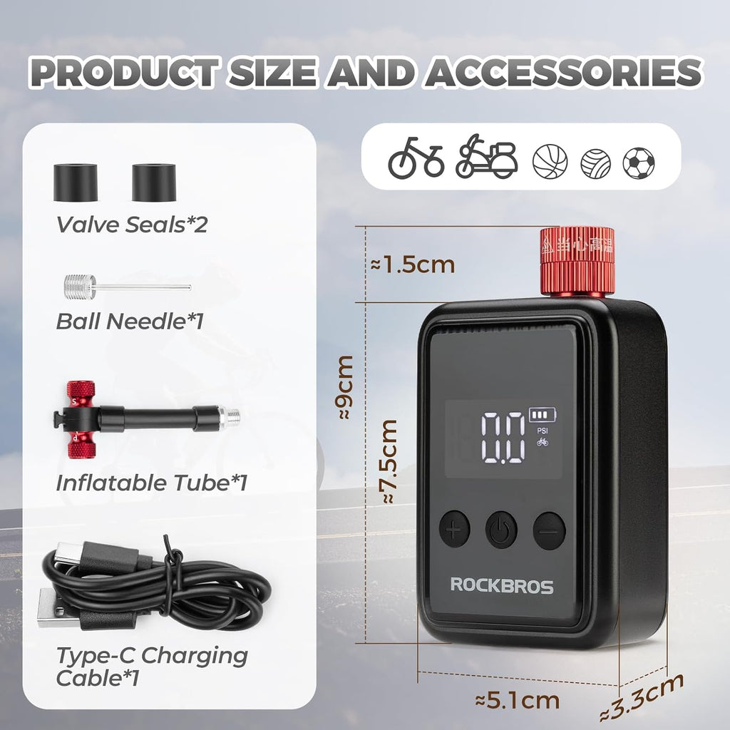 ROCKBROS Tiny Emergency Bike Pump HW-140 with Gauge, Max 150 PSI Electric Mini Pump with Protective Silicone Cover, Fully Charged Inflate 1x 700 * 25C Tire, Hose for Bike, MTB, Balls
