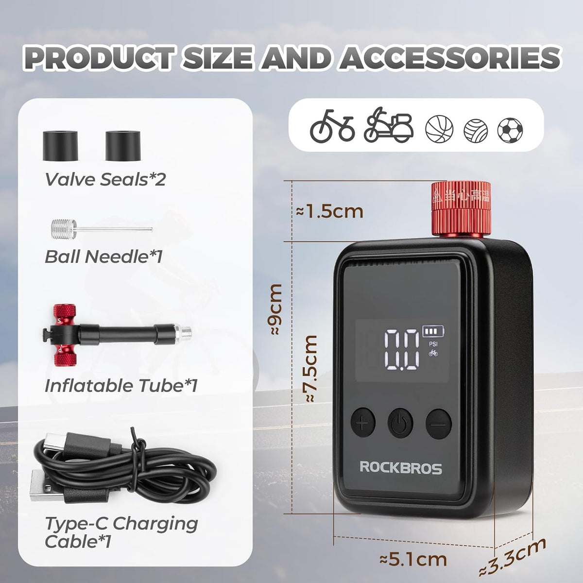 ROCKBROS Tiny Emergency Bike Pump HW-140 with Gauge, Max 150 PSI Electric Mini Pump with Protective Silicone Cover, Fully Charged Inflate 1x 700 * 25C Tire, Hose for Bike, MTB, Balls