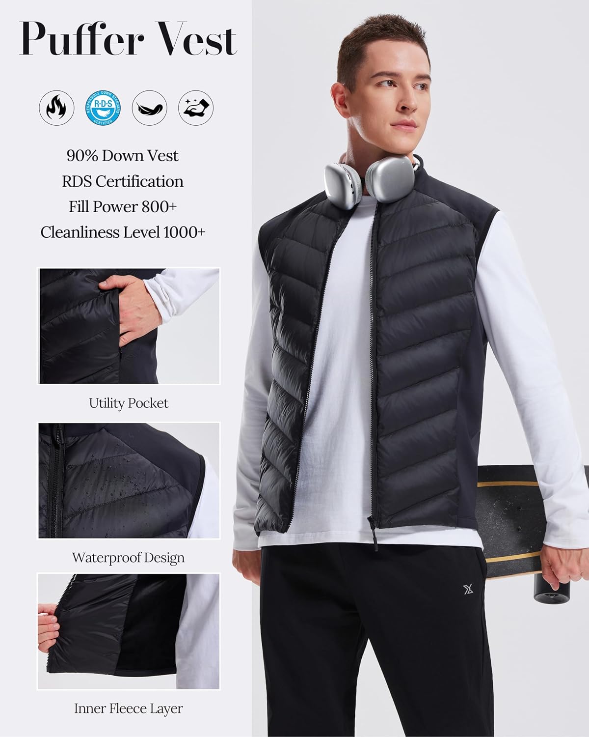 AFZ Men's Lightweight Puffer Vest 800FP Winter Down Vest Sleeveless Quilted Water Resistant Running Jacket with Pockets