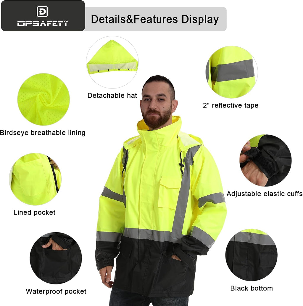 Reflective Rain jackets for men waterproof,Hi Vis Safety Coat With Reflective Strips，High Visibility Class 3 Rain jackets With 2 large pockets，Zipper,Black Bottom Lime,SM/MD