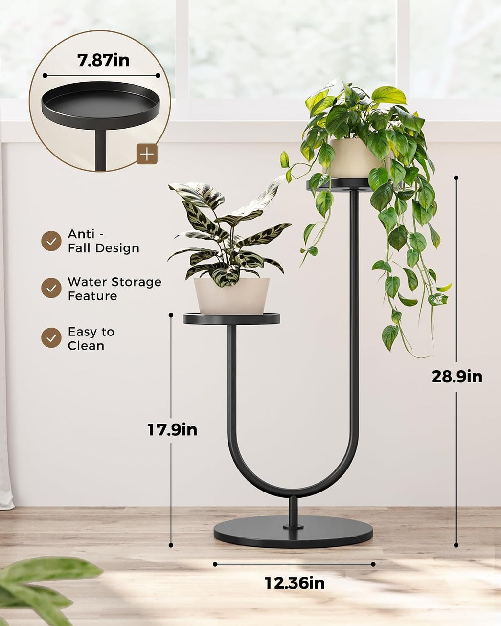 Bamworld Outdoor Plant Stand Metal Plant Stand Indoor Corner Plant Stands 2 Tier Plant Shelf for Tall Plant Holder Black Plant Shelves for Living Room Bedroom Midcentury Modern Home Decor