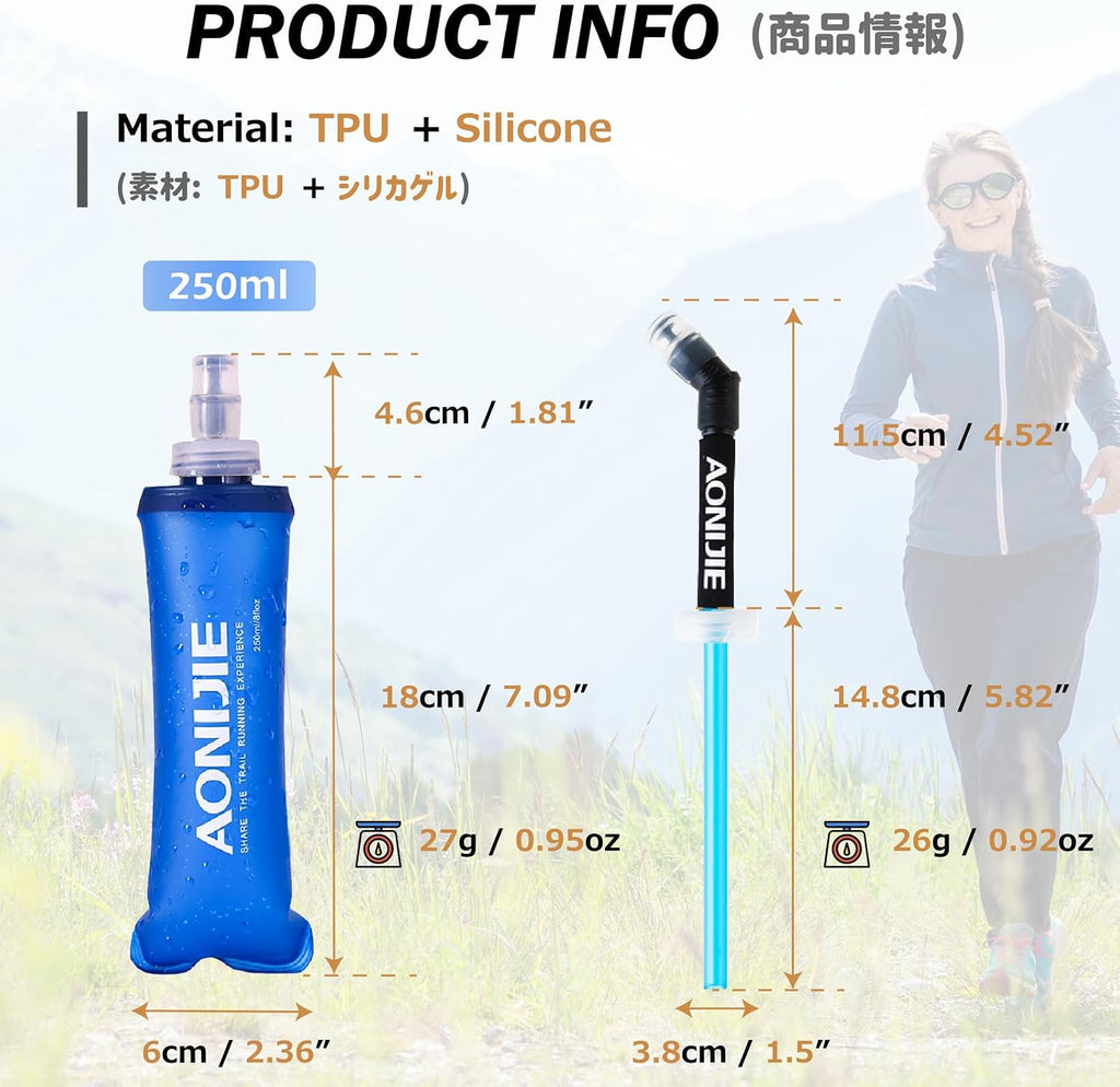 Azarxis TPU Soft Flask Collapsible Water Bottles BPA-Free 250ml 350ml 500ml for Hydration Vest Pack Running Hiking Cycling Climbing