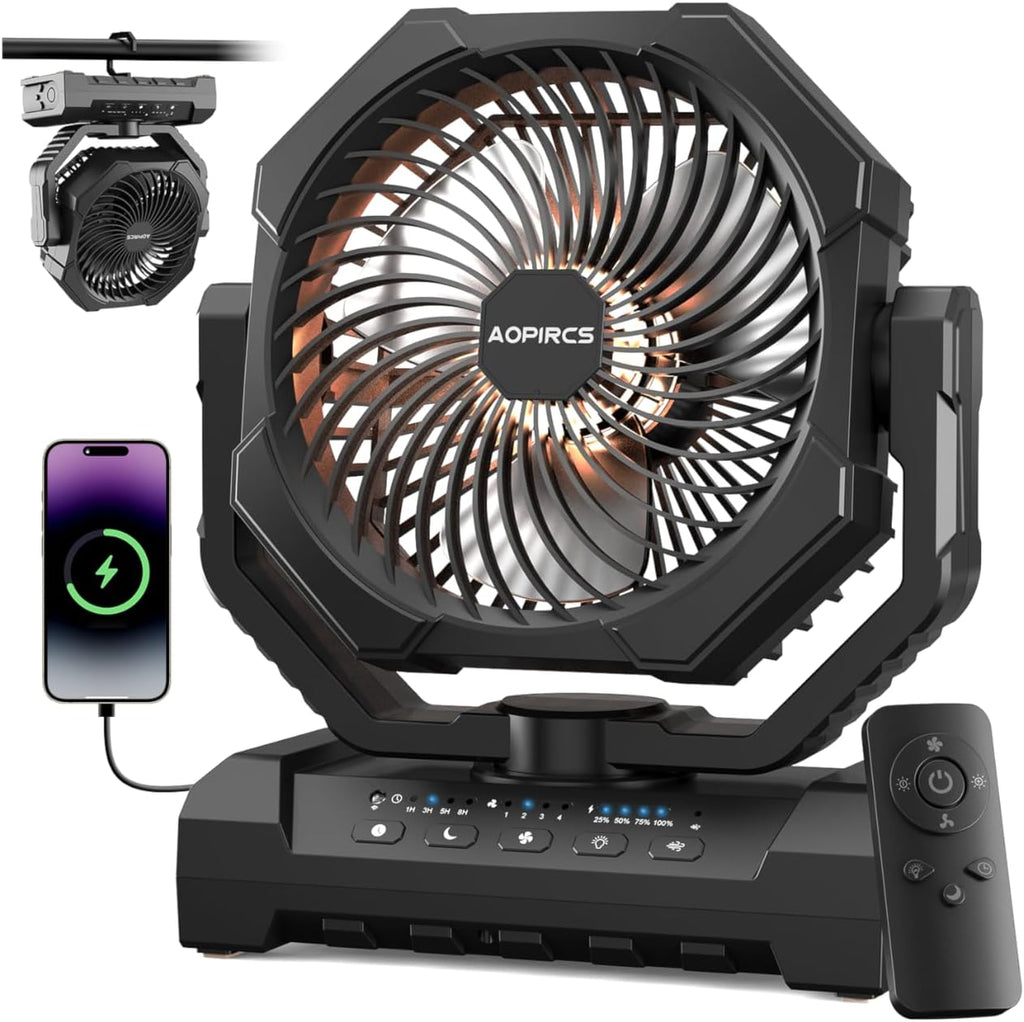Camping Fan Rechargeable, 24000mAh Battery Powered Fan with LED Light, Hook