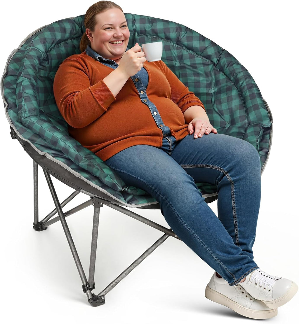 Oversized XXL Folding Round Camping Chairs,Comfy Padded Moon Camp Chairs,Heavy Duty Supports 400 Lbs Outdoor Lawn Chairs for Adults,Perfect for Indoor,Family Hiking,Picnics and Garden,Purple Plaid