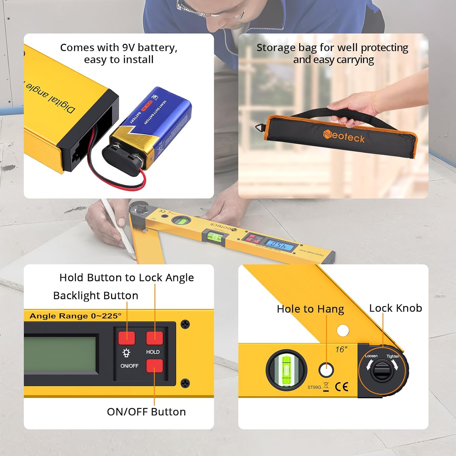 Neoteck 225° 16 inch Digital Angle Finder Aluminum Protractor LCD Backlight