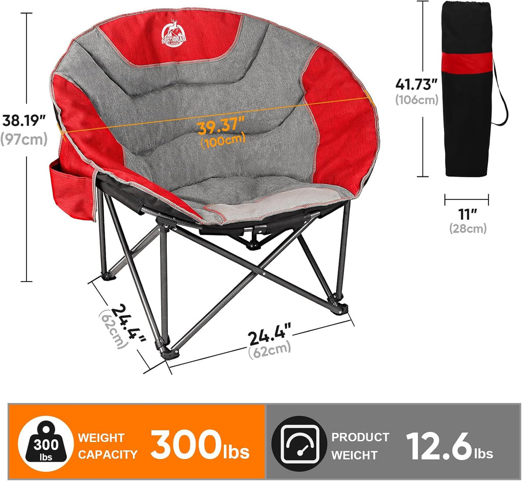 Northroad XXL Camping Moon Chair,Oversized Round Chair,Folding Padded Saucer w/Side Pocket,500lbs Capacity for Outdoor Hiking Fishing Picnic Lawn,Red&Grey