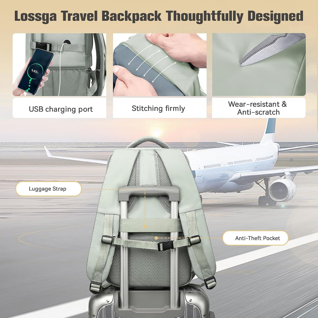 Lossga Travel Backpack for Women Men 18x14x8 Waterproof Carry On Backpack Airline Approved Personal Item Travel Backpack Comfortable Mochila for Work Business Weekender, Green
