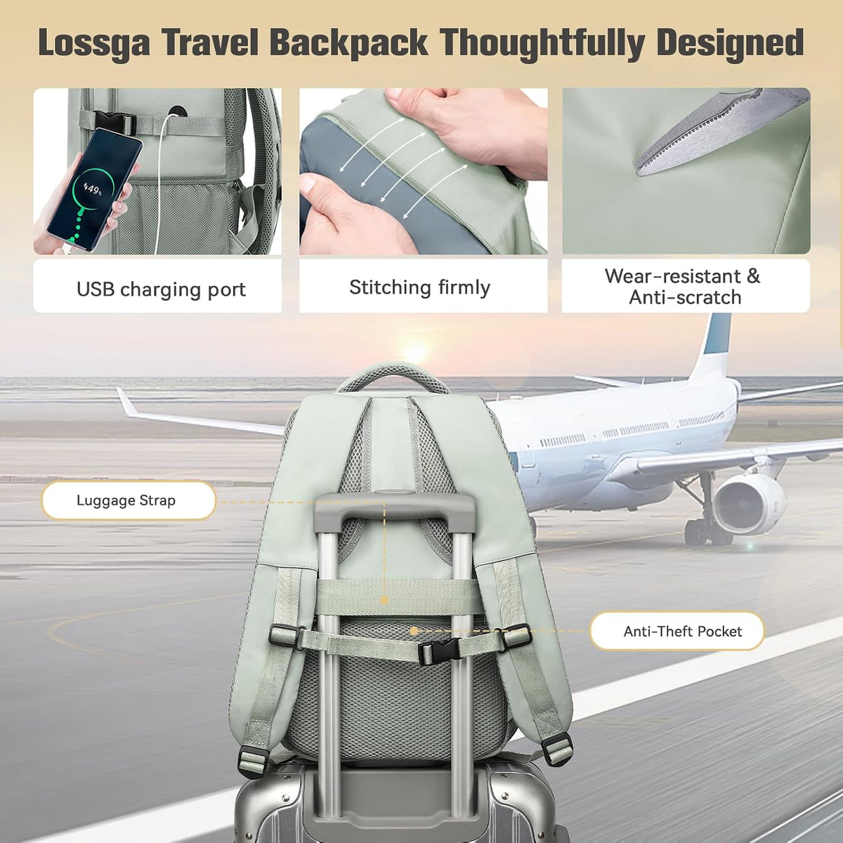Lossga Travel Backpack for Women Men 18x14x8 Waterproof Carry On Backpack Airline Approved Personal Item Travel Backpack Comfortable Mochila for Work Business Weekender, Green