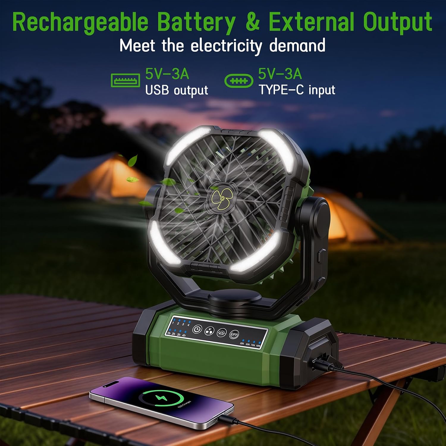UUYEE Camping Fan Rechargeable, Battery Powered Fans - Green
