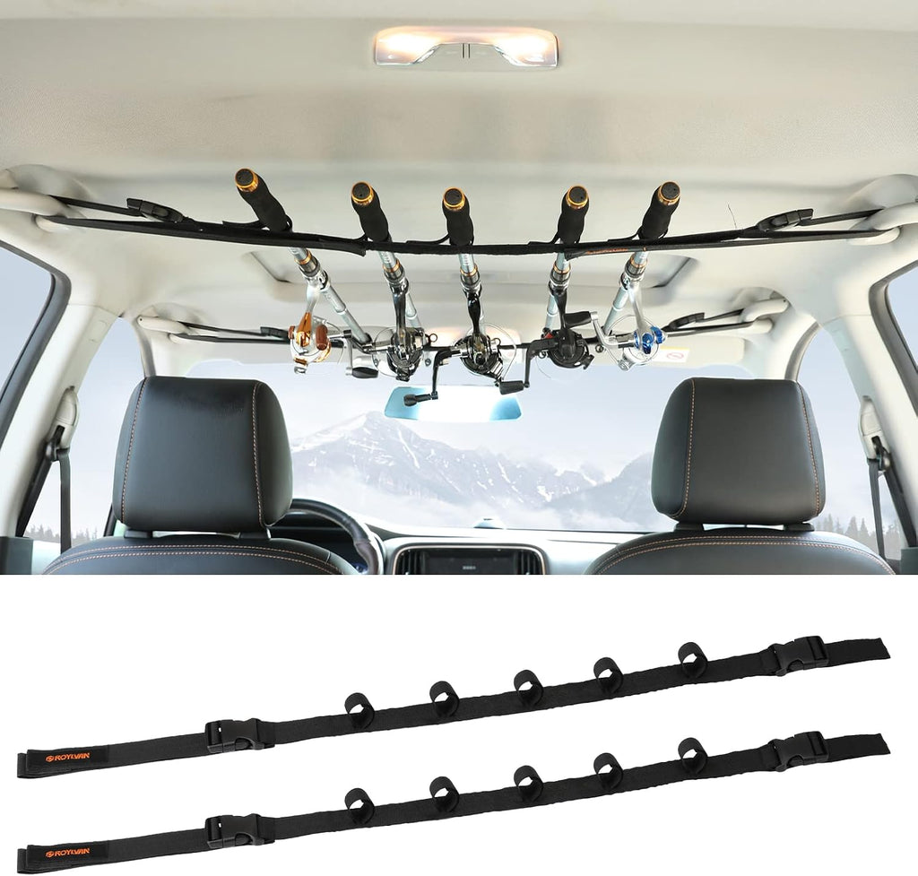 Roylvan 2 Pack Vehicle Fishing Rod Holder - Fishing Pole Car Rack 5 Rods Capacity, Adjustable 30 to 54 Inches Horizontal Roof Storage Carrier Belt for SUV, Truck and Van, Black