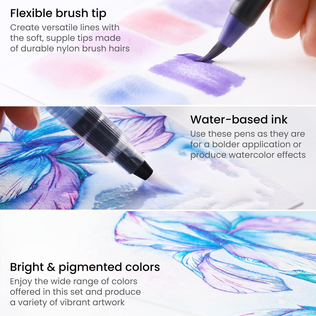 ARTEZA Real Brush Pens, 24 Watercolor Markers, Flexible Nylon Brush Tips
