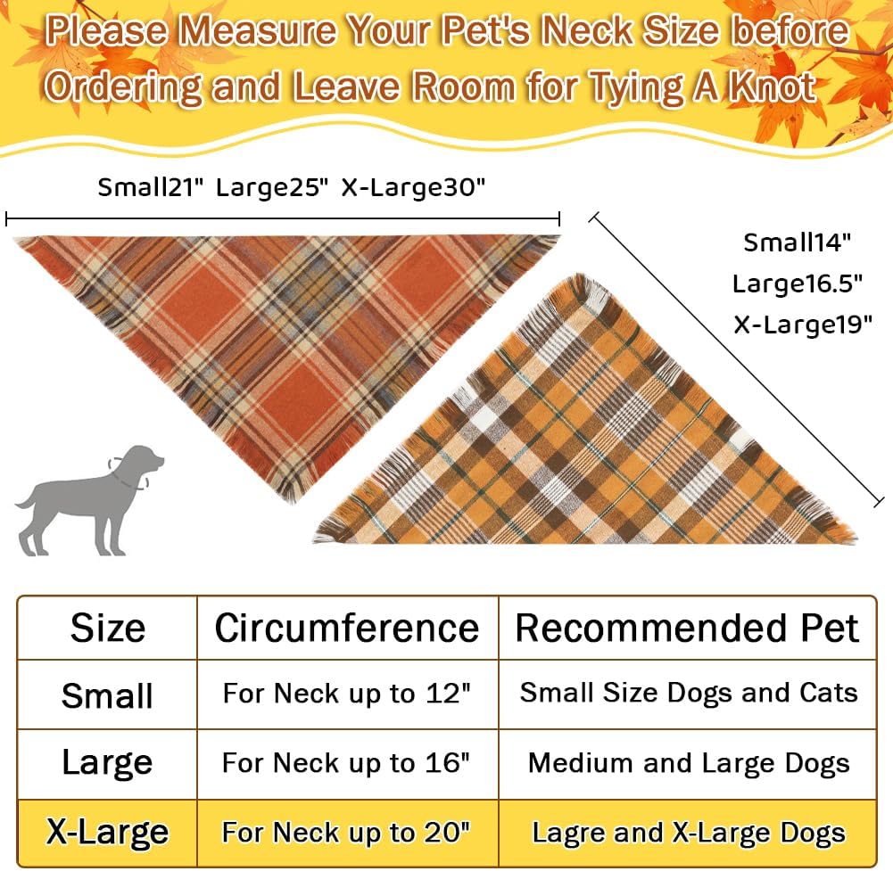 Vivifying Fall Dog Bandanas, 2 Pack Halloween Classic Plaid Dog Scarf with Tassels Edges, Funny Pet Apparel & Accessories Costume for Thanksgiving, Photo Prop, and Party Decor (X-Large, Yellow&Orange)