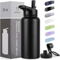 DOMICARE 32 oz Insulated Water Bottle, Vacuum Insulated Stainless Steel Sports Water Bottle with Straw Lid & Spout Lid, Leakproof, Reusable - Travel, Camping, Bike, Black
