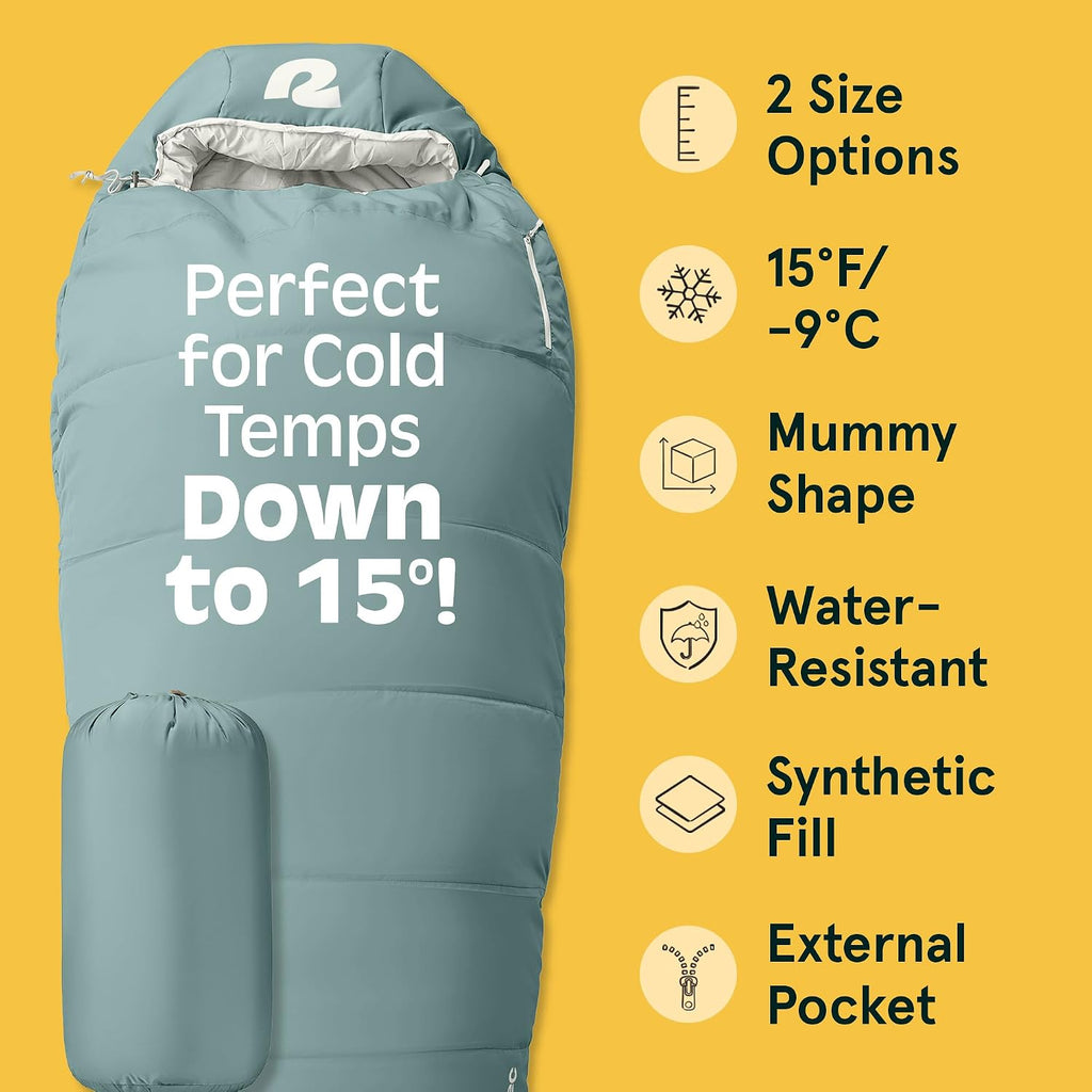 Retrospec Dream Mummy Sleeping Bag - 5, 15, & 30°F Cold Weather Camping & Travel Essential Gear with Water - Resistant Shell & Synthetic Fill - Zippered Pocket & Stuff Sack