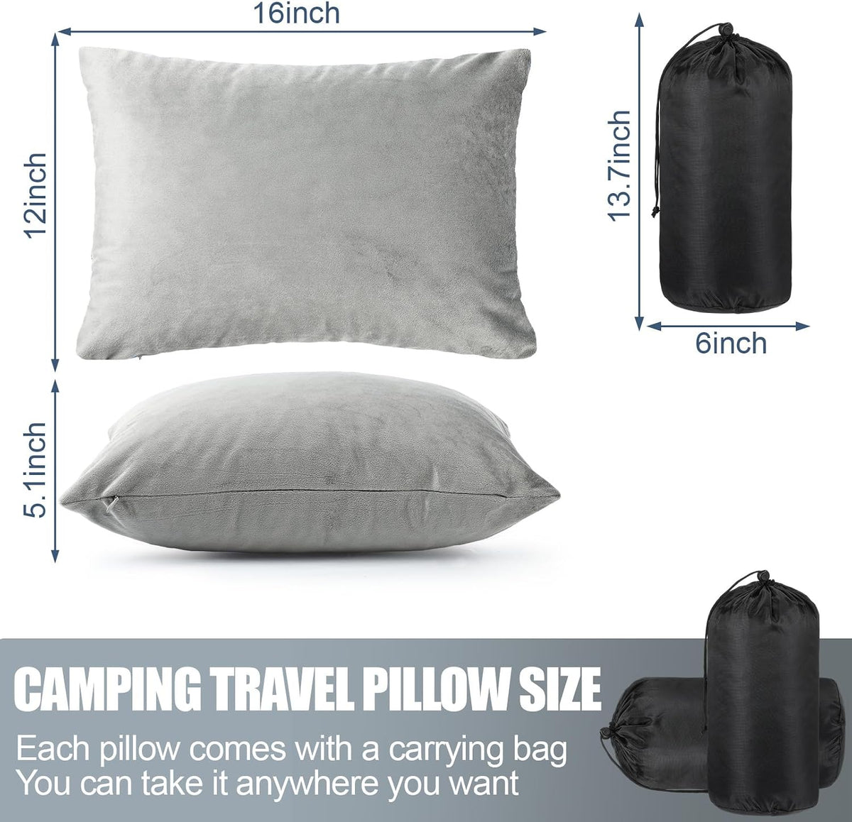 SmoothNovelty 2 Pack Camping Pillow for Sleeping Shredded Memory Foam Travel Pillow with Storage Bag, Compressible Portable Pillow for Outdoor Camp Backpacking Hiking Essential Gear (Grey,Small)