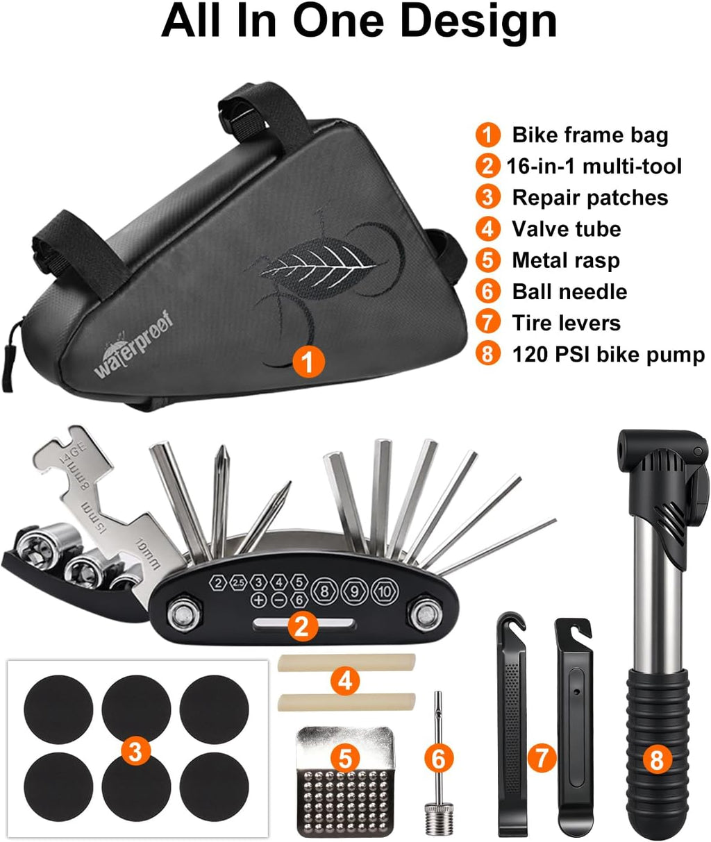 NDakter Bike Frame Bag with Repair Kit, Bicycle Tire Repair Tool Kit Set with Pump & 16-in-1 Multitool, Emergency Bike Pack Accessories for Road MTB BMX