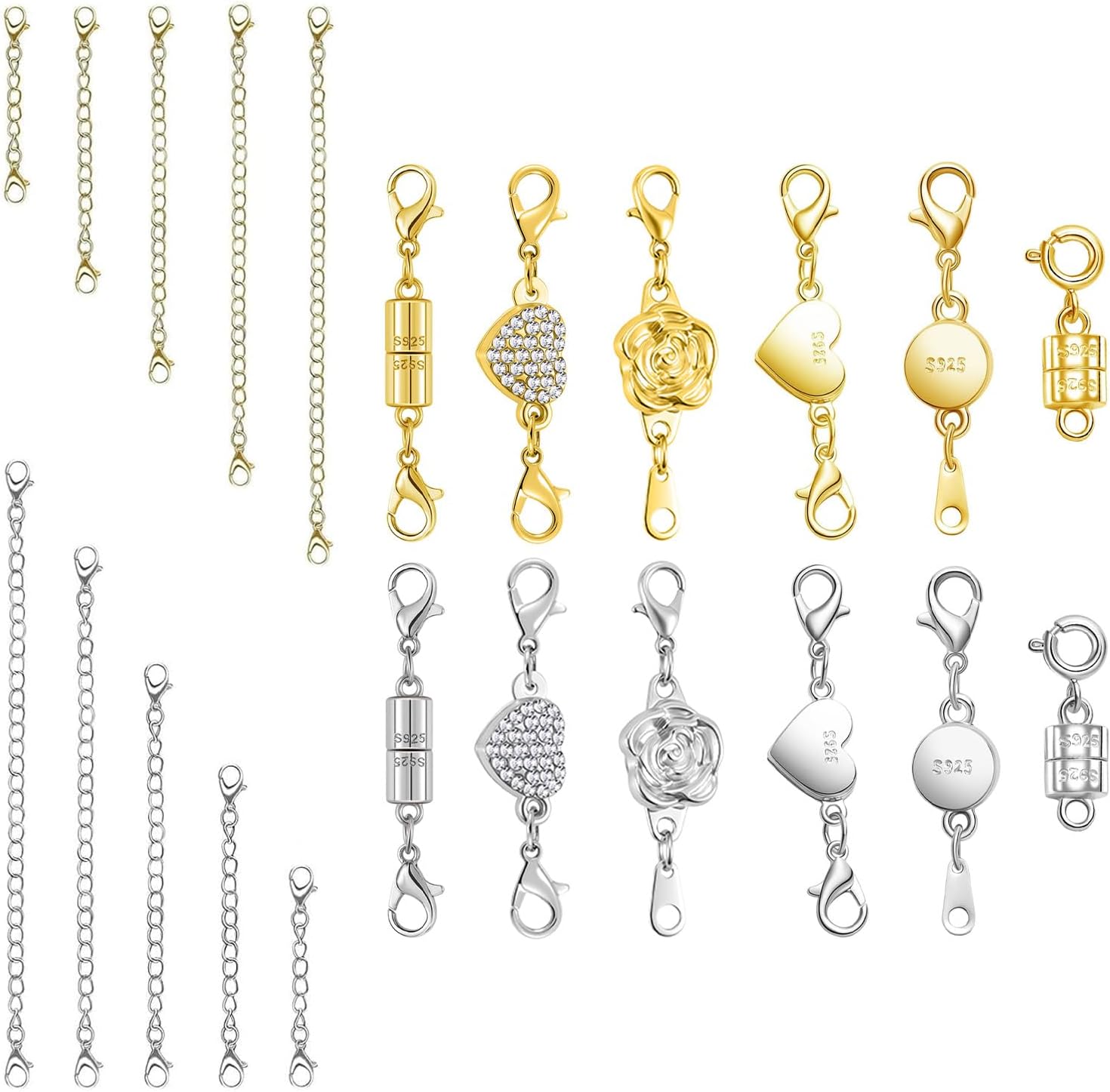 Magnetic Jewelry Clasps Set, Gold and Silver, 12 Pack Rose and Heart Design, Necklace Bracelet Closures with Rhinestone Accents (12PCS Golden Silvery)