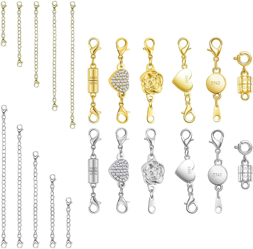 Magnetic Jewelry Clasps Set, Gold and Silver, 12 Pack Rose and Heart Design, Necklace Bracelet Closures with Rhinestone Accents (12pcs Silvery)