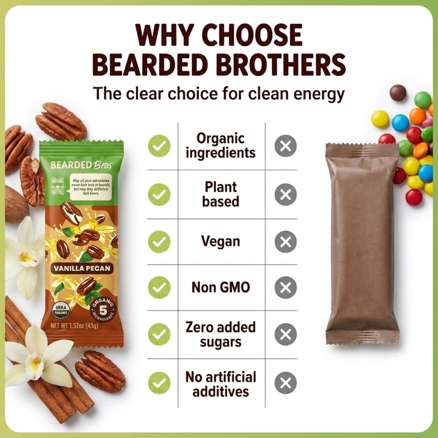 Bearded Brothers Vegan Bars, Organic Energy Bars Vanilla Pecan, 12 Count