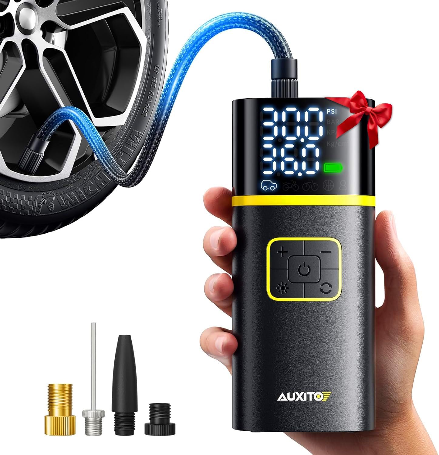 AUXITO Tire Inflator Portable Air Compressor - 150PSI Bike Pump 1Min Fast Inflate with Tire Pressure Gauge, 5200 mAh, LED Light, Car Accessories Air Pump for Auto, Moto, Bike Car Gifts for Men
