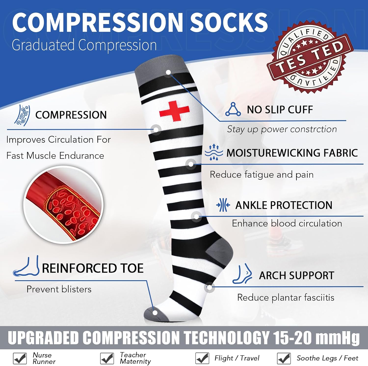 Sooverki Copper Compression Socks for Men & Women 8 Pack 15-20mmHg - Knee High Stockings Best Support for Running Athletic