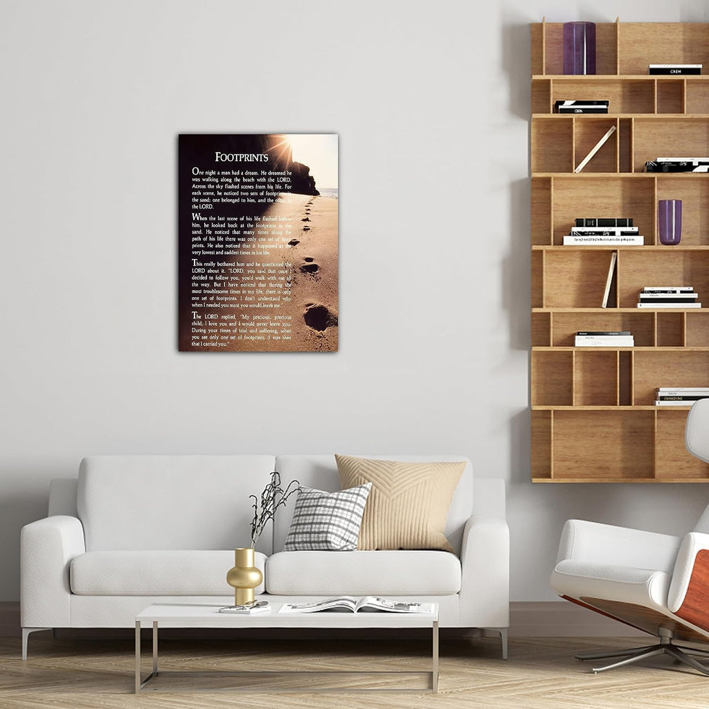 Footprints in the Sand Wall Art Decor, Footprints in the Sand Canvas Prints Wall Art, Inspirational Christian Poem Wall Poster Gift, Beach Picture Wall Art for Living Room Beach Office 24"Wx36"HInches