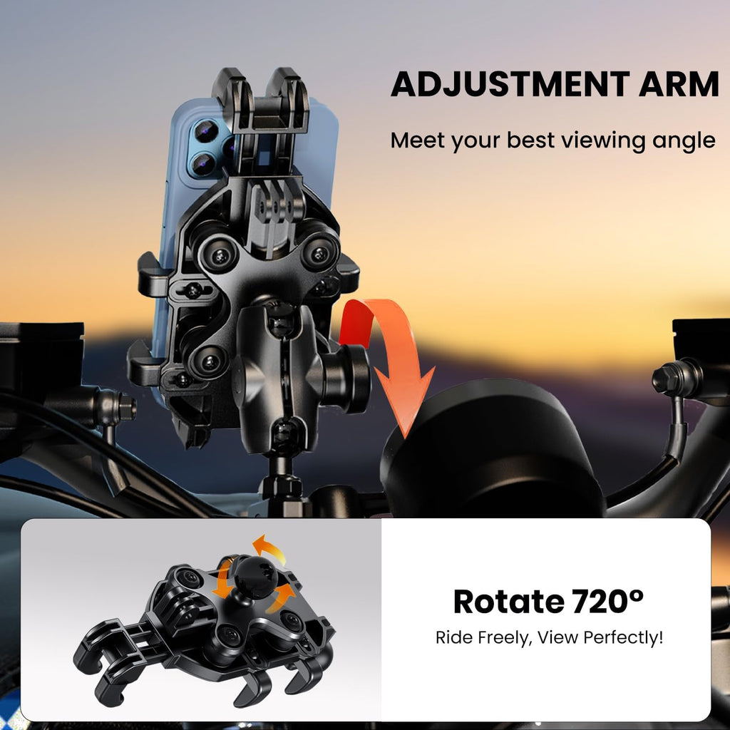 Motorcycle Phone Mount Holder with Vibration Dampener Anti-Shake 720° Adjustable for iPhone 16 Pro Max for Samsung 5.4''-6.9'' Phone Anti-Theft Dirt Bikes(Clamp Base 0.47-1.77" Handlebar)