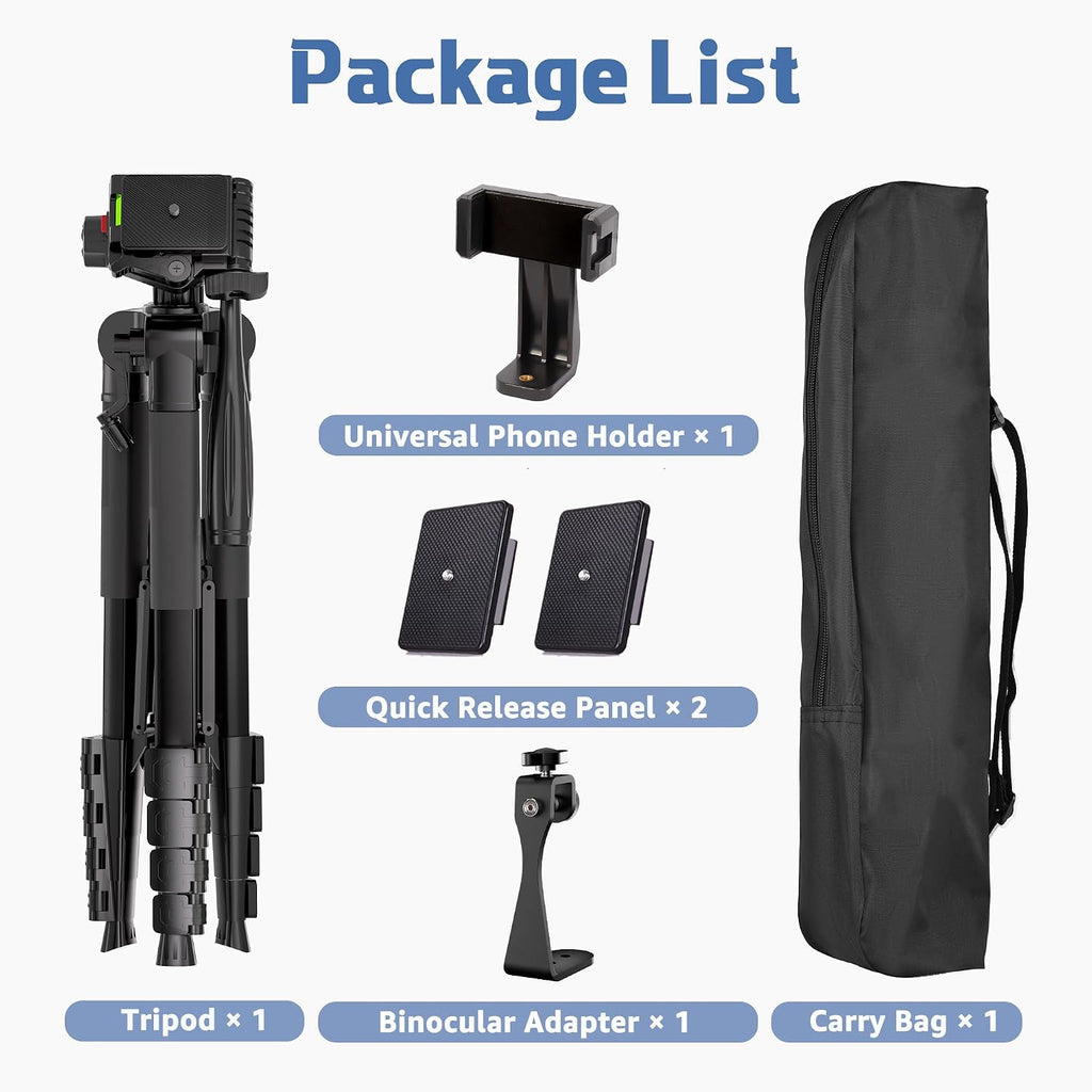 Binocular Tripod, 72” Spotting Scope Tripod Stand with Binocular Adapter and 2 QR Plates, Travel Camera Stand with Phone Holder/Carry Bag, Compatible with Binoculars/Spotting Scope/Camera/Phone