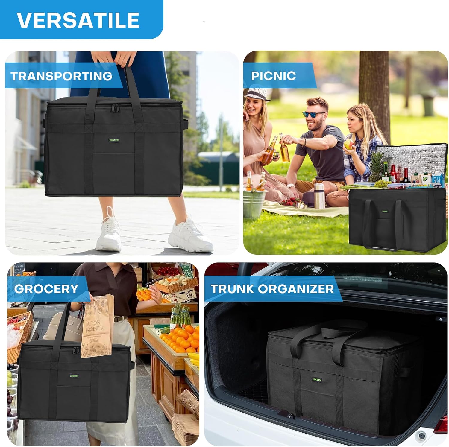 JUNGYOON Heavy-Duty Insulated Grocery Bags & Insulated Bag – Collapsible Cooler Bag with Zippered Top