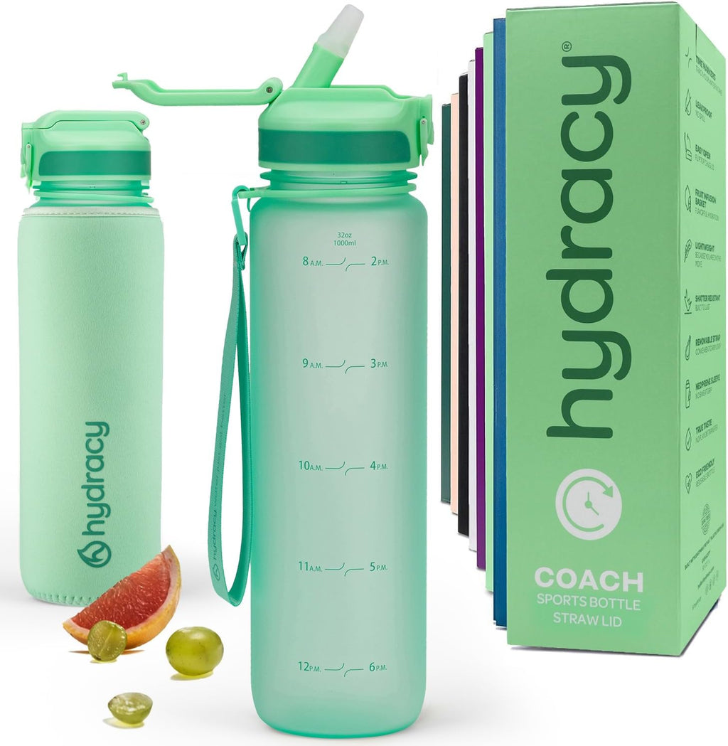 Hydracy Motivational Water Bottle with Time Marker and Straw Lid 32 oz