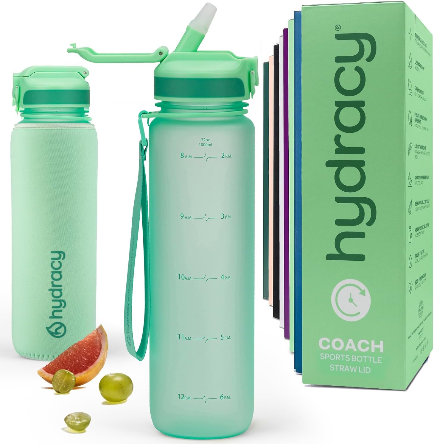 Hydracy Motivational Water Bottle with Time Marker and Straw Lid 32 oz