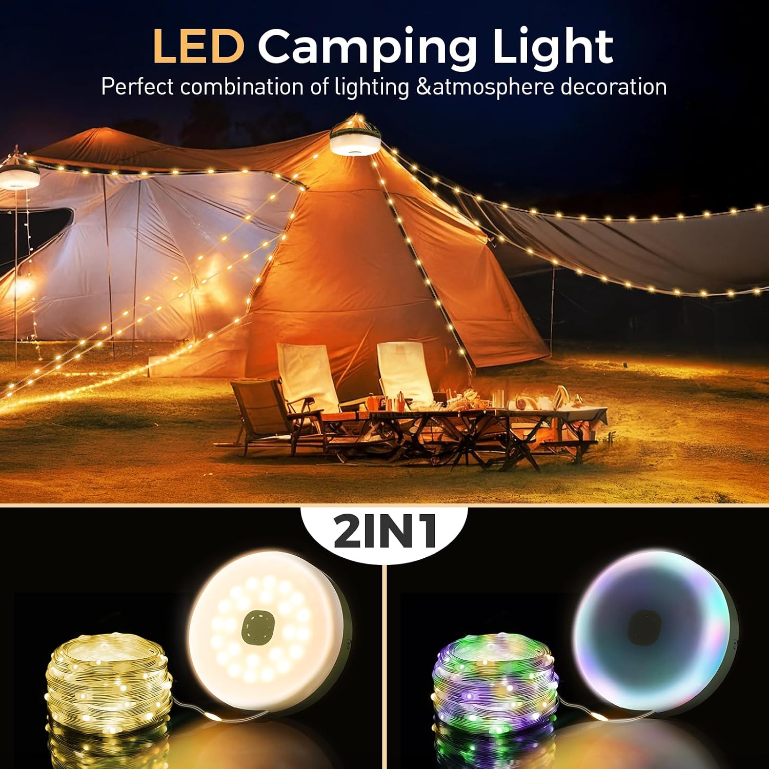 Camping String Lights, 32.8FT Rechargeable with Storage Reel, 8 Modes | Quick Storage Rechargeable Tent Light,Waterproof Hanging LED Design for Awning Patio Indoor Outdoor Decor Camping Essentials