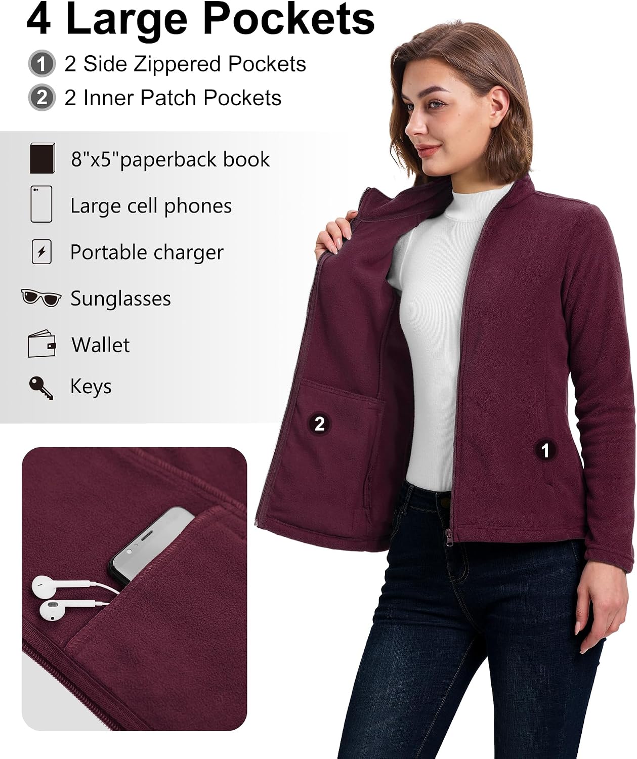 33,000ft Women's Polar Fleece Jacket Zip Up Lightweight Hiking Sweatshirt