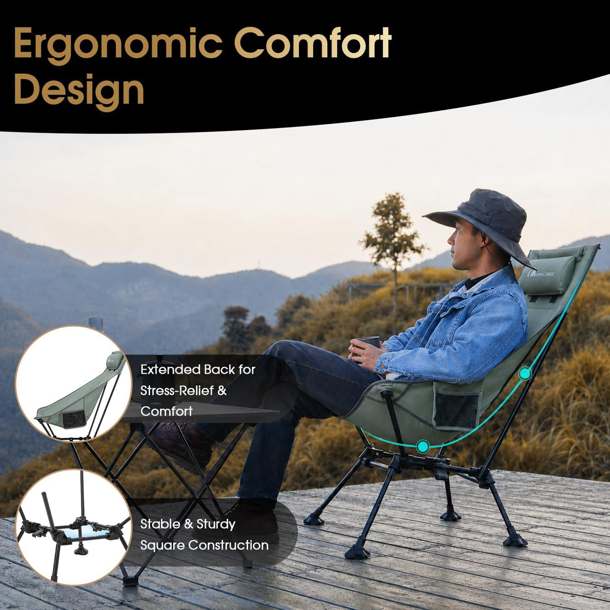 MOON LENCE High Back Folding Camping Chairs, Height-Adjustable, Widened Seat, for Beach with Anti-Sinking Feet (Grey)