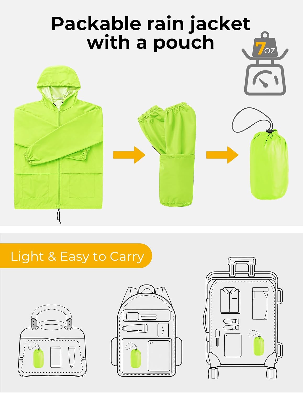 COOFANDY Mens Packable Rain Jacket Lightweight Waterproof Raincoat with Hood Outdoor Rain Gear Travel Hiking Cycling