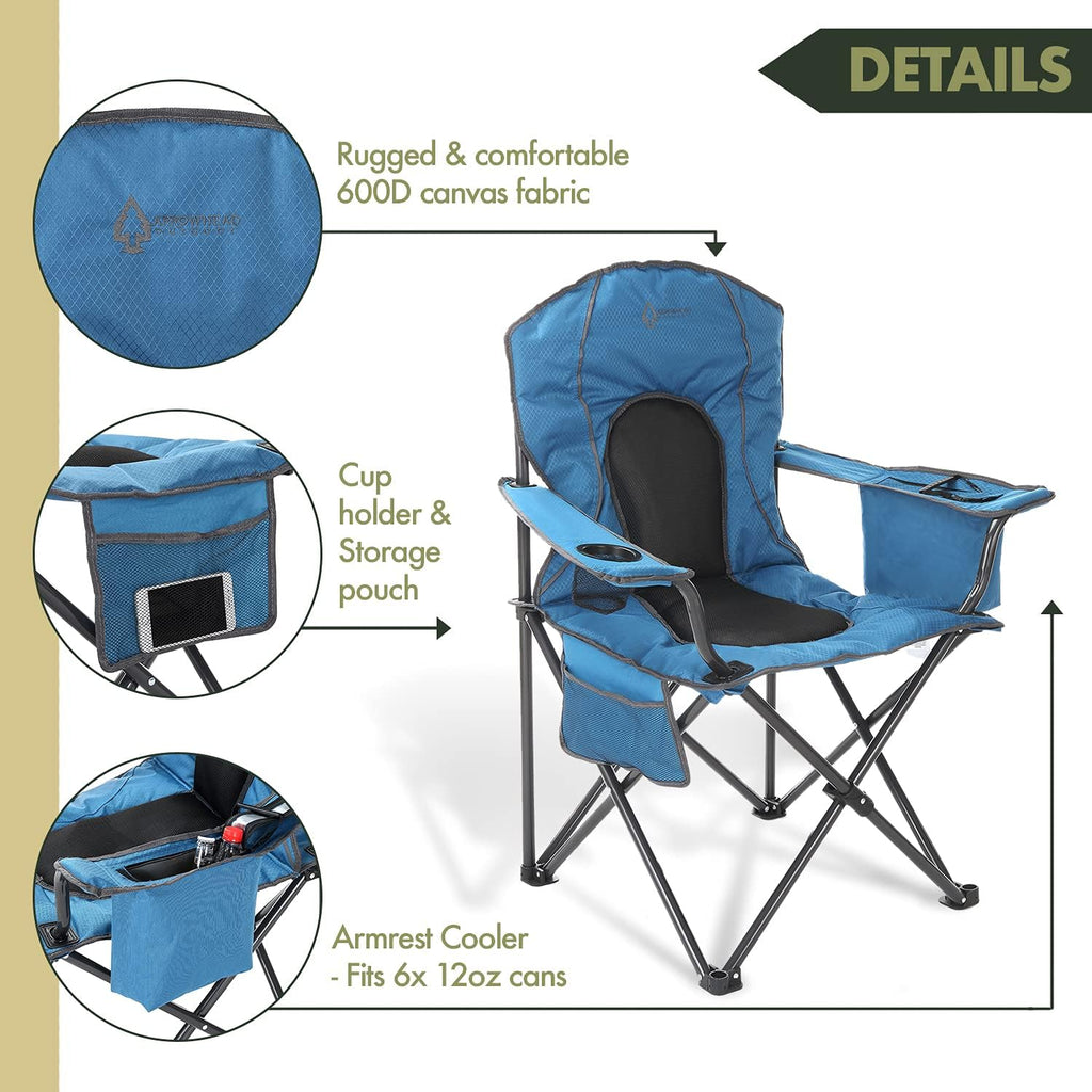 Arrowhead Outdoor Portable Folding Camping Quad Chair w/ 4-Can Cooler, Cup-Holder, Heavy-Duty Carrying Bag w/Easy Carry Shoulder Strap, Padded Armrests, Supports up to 330lbs, USA-Based Support