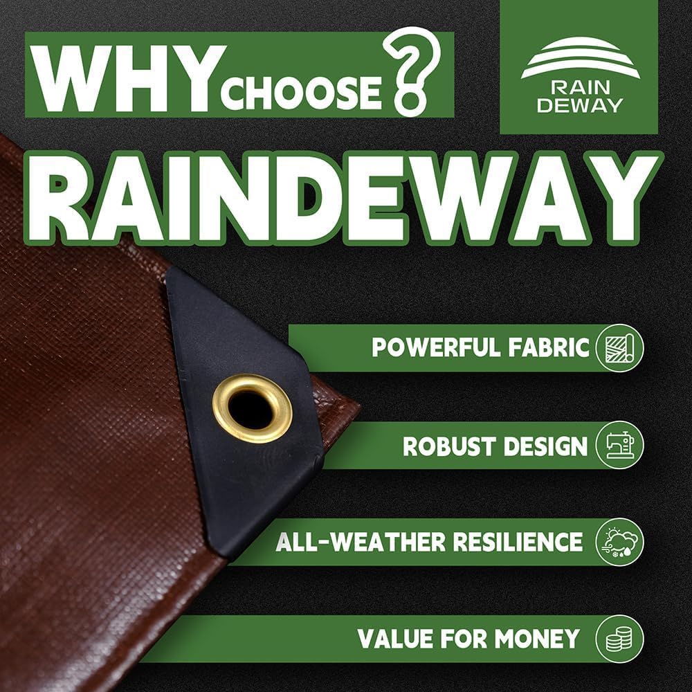 RAINDEWAY Tarp 15x30ft Brown Tarps Heavy Duty Waterproof 18Mil Extra Thick