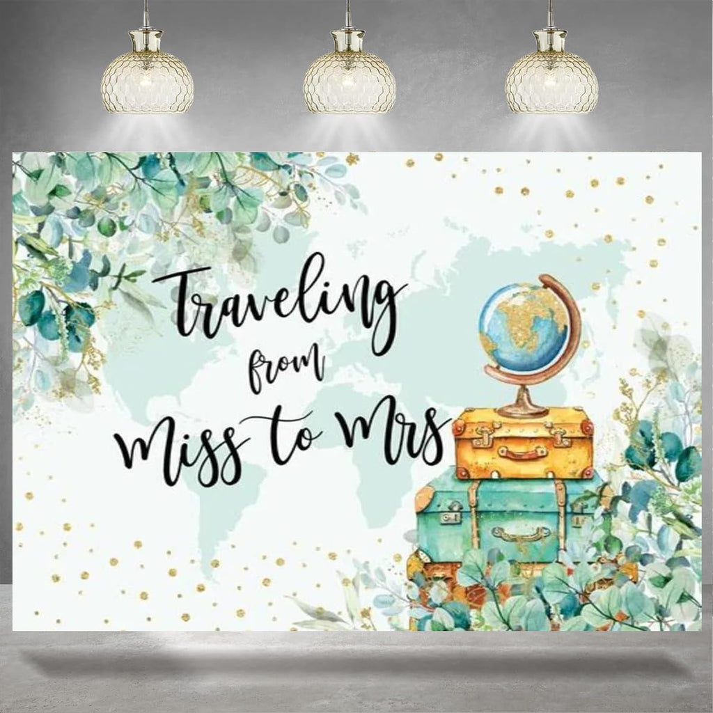 Wedding Travel Theme Photography Background Adventure Awaits Baby Shower Party Decorations Backdrop Traveling from Miss to Mrs Background Greenery Green Leaves Bridal Shower Backdrop (7X5FT)