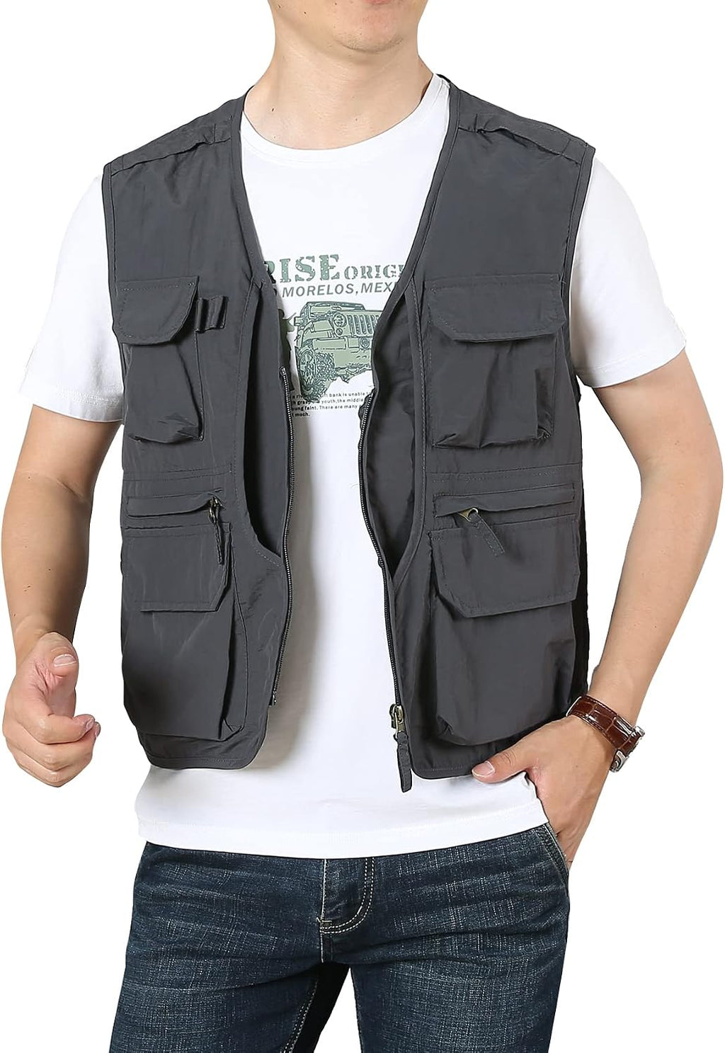 Flygo Men's Utility Cargo Vest Outdoor Fishing Safari Travel Work Photo Vest with Pockets