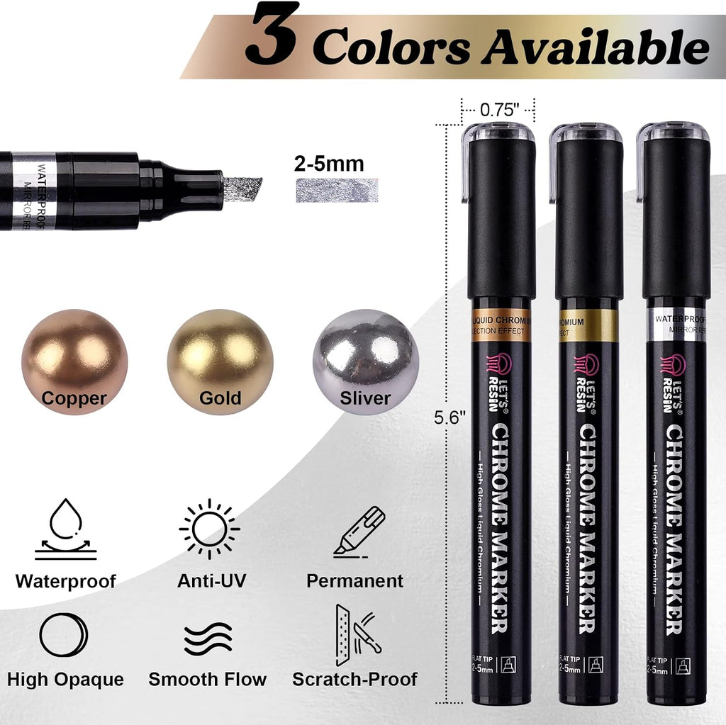 LET'S RESIN Liquid Mirror Chrome Metallic Markers 3 Colors,Reflective Gloss