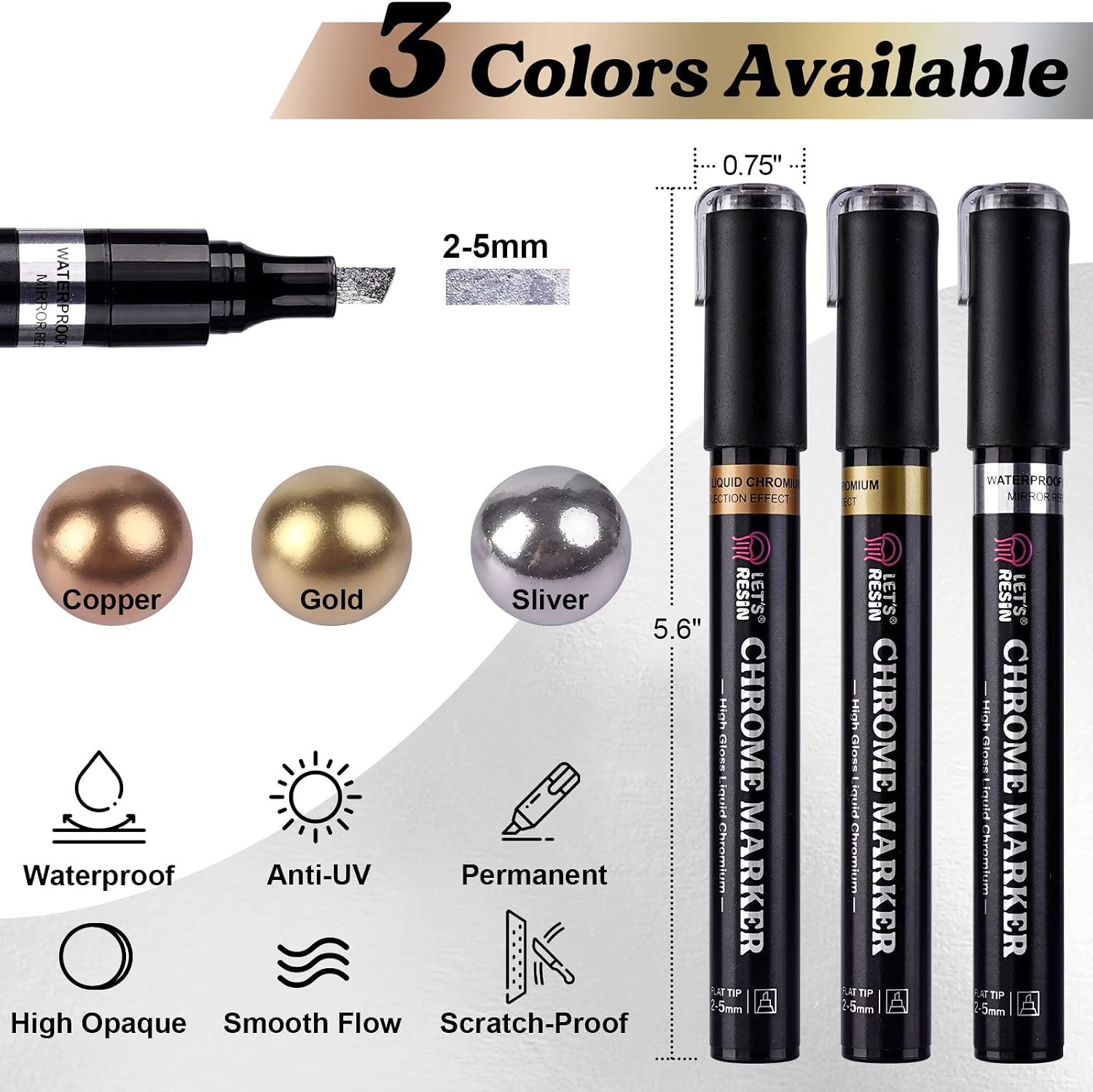 LET'S RESIN Liquid Mirror Chrome Metallic Markers 3 Colors,Reflective Gloss