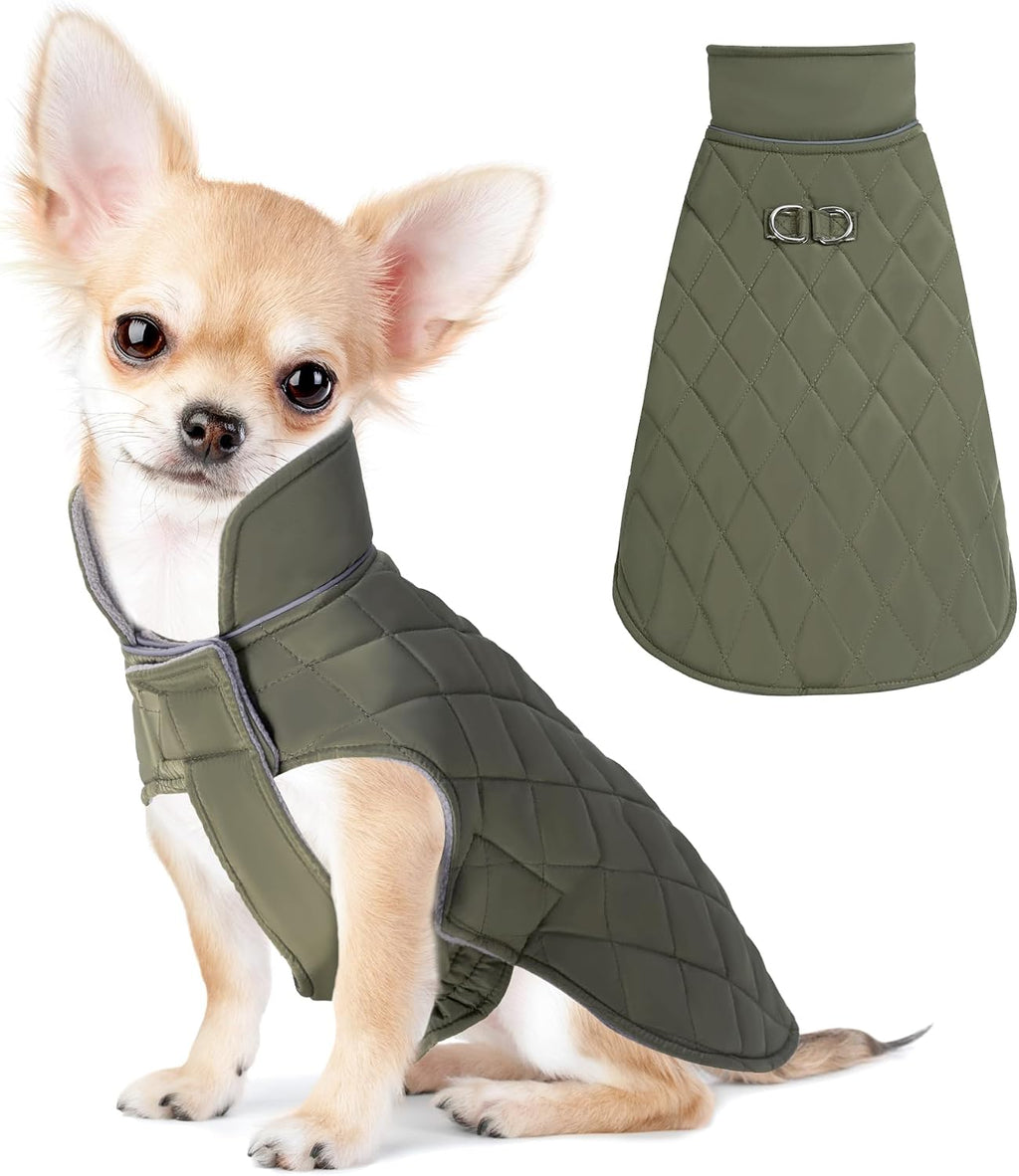Mile High Life Dog Warm Coat, Small Dog Winter Jacket Windproof Water Resistant Cold Weather Coats Cozy Snow Jacket Vest for Puppies (Olive Green, Medium Chest 17.3")