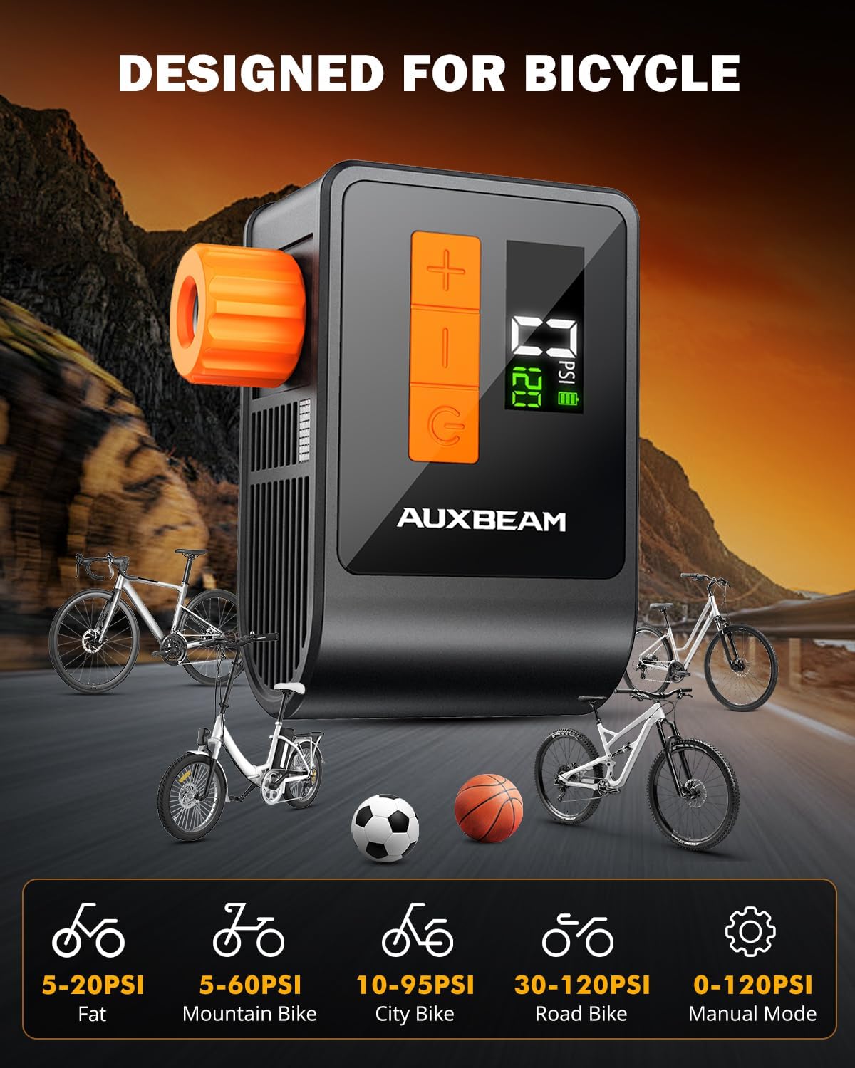 Auxbeam Tiny Bike Pump with Gauge, 120PSI Electric Bicycle Pump with Presta and Schrader Valve, Portable Air Pump for Road Bike, City, Mountain and E-Bike