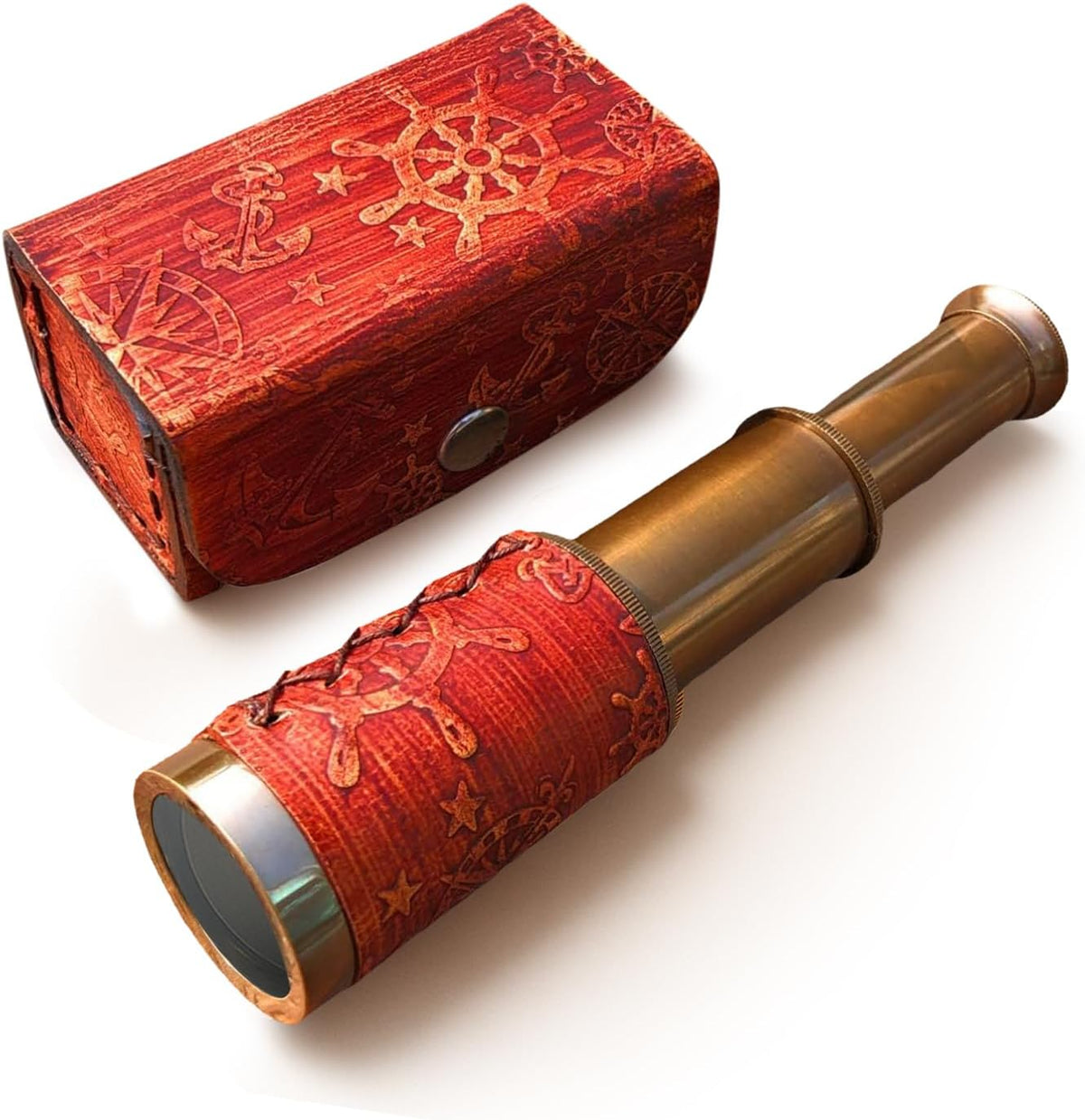 NauticalMart Brass Pirate Telescope 6 Inch Nautical Spyglass Collapsible Monocular for Adventure Enthusiasts Gift | Solid Brass Handheld Telescope with Leather Handle for Adult Telescopes