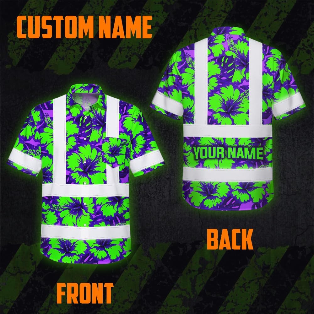 High Visibility Hawaiian Shirt for Men Tropical Shirts Custom Name Floral Outfit Reflective Safety Workwear