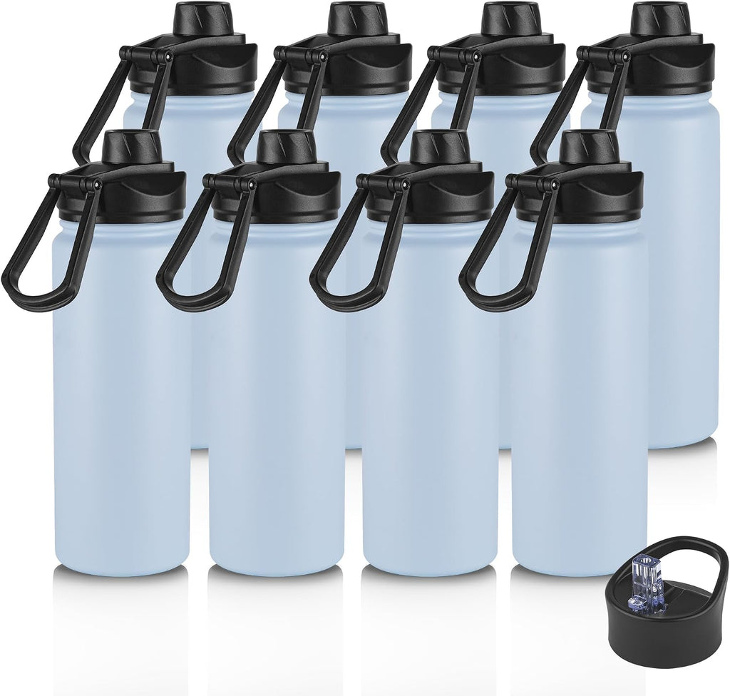 16 oz Insulated Water Bottle with Straw Lids, Stainless Steel Kids Water Bottles for School, Double Wall Vacuum Metal Water Bottle with Straw & Wide Mouth Lid, Light Blue 8 Pack