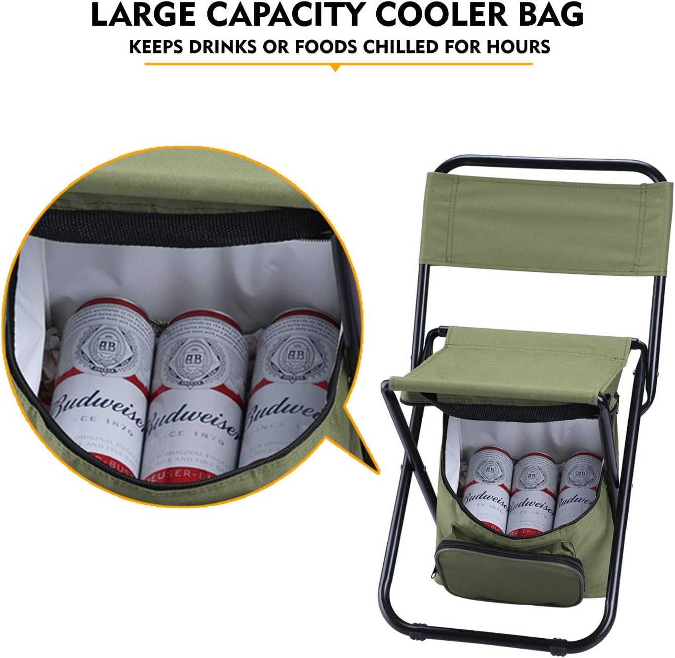 LEADALLWAY Fishing Chair with Cooler Bag Compact Fishing Stool Foldable Small Hunting Chair 12.2" Seat Depth,12.6" Seat Width