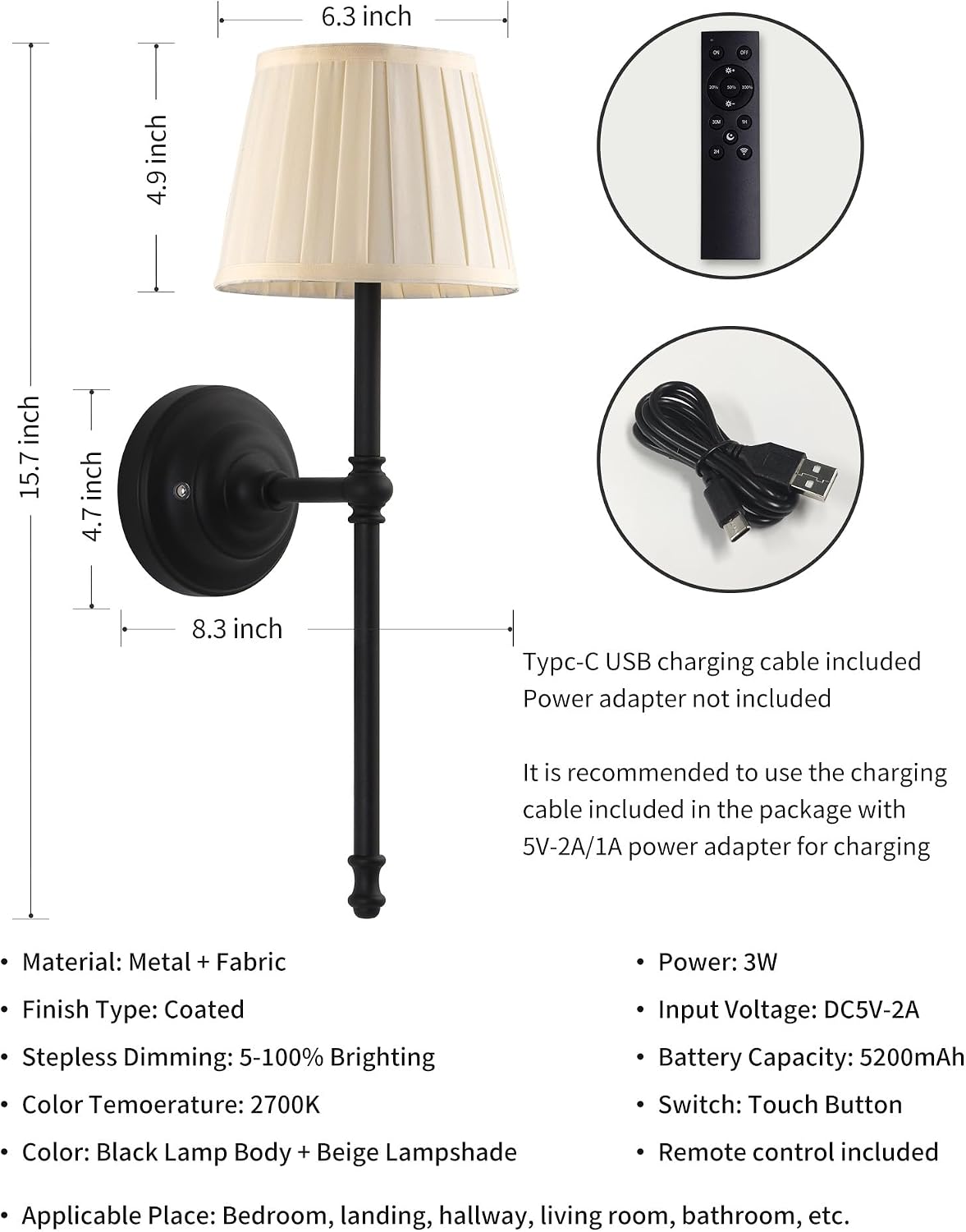 KDG Black Cordless Wall Sconces Set of 2, Beige Fabric LED Wall Lamps