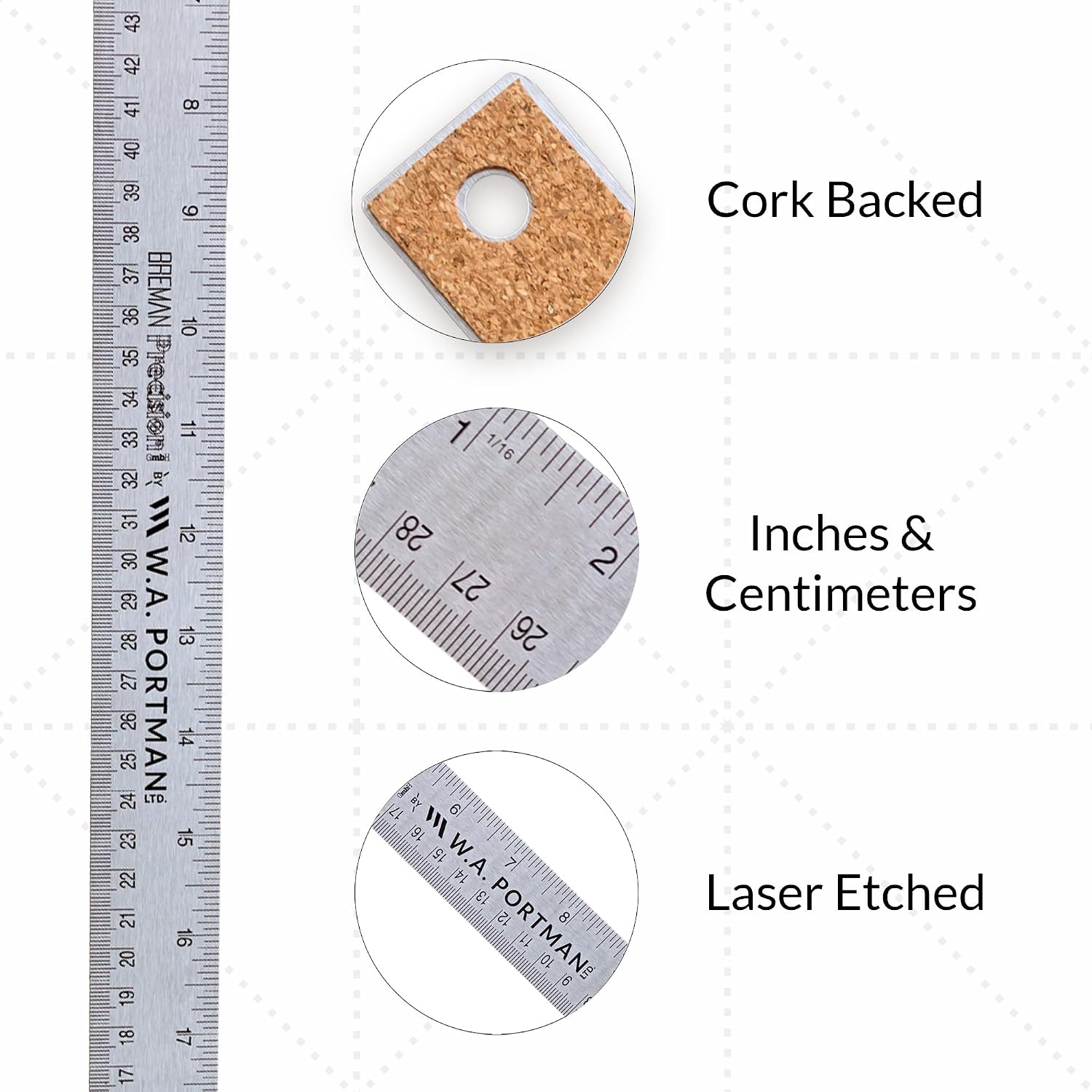 WA Portman Metal Ruler 24'', 10pc Corkback Stainless Steel, Metric Ruler